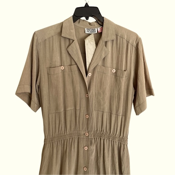 Vintage Regina Porter Shirt Dress Elegant Brown Button-Down Midi Tri-Acetate (M) - Picture 3 of 13